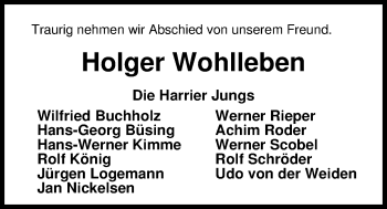 Traueranzeige von Holger Wohlleben von Nordwest-Zeitung