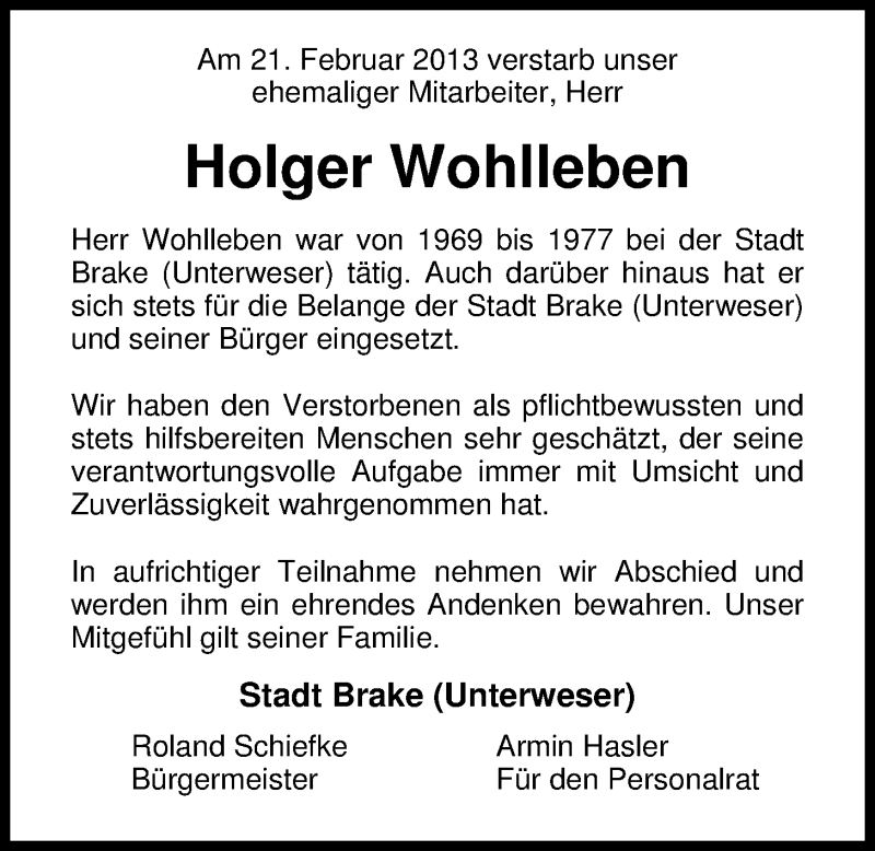  Traueranzeige für Holger Wohlleben vom 26.02.2013 aus Nordwest-Zeitung