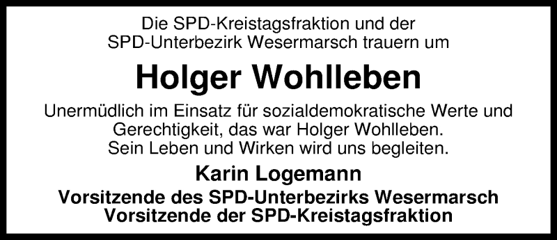  Traueranzeige für Holger Wohlleben vom 26.02.2013 aus Nordwest-Zeitung