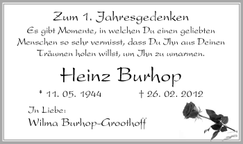 Traueranzeige von Heinz Burhop von Nordwest-Zeitung