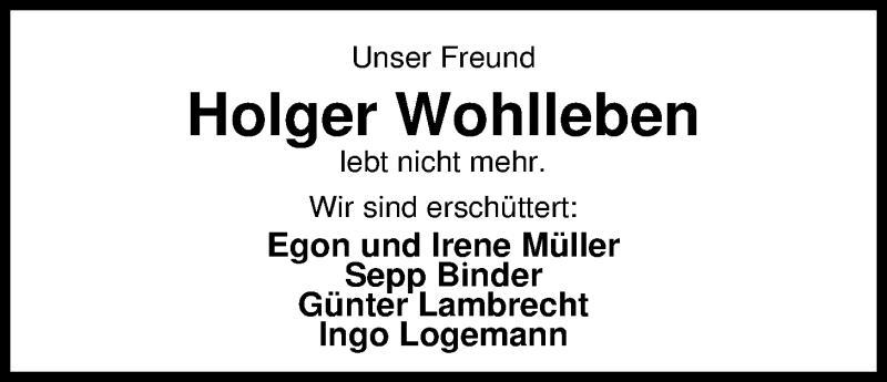 Traueranzeige für Holger Wohlleben vom 26.02.2013 aus Nordwest-Zeitung