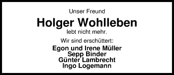 Traueranzeige von Holger Wohlleben von Nordwest-Zeitung