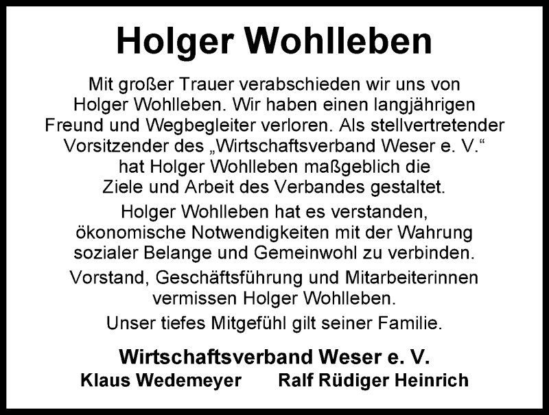  Traueranzeige für Holger Wohlleben vom 26.02.2013 aus Nordwest-Zeitung