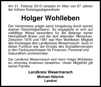 Traueranzeige von Holger Wohlleben von Nordwest-Zeitung