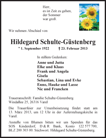 Traueranzeige von Hildegard Schulte-Güstenberg von Nordwest-Zeitung
