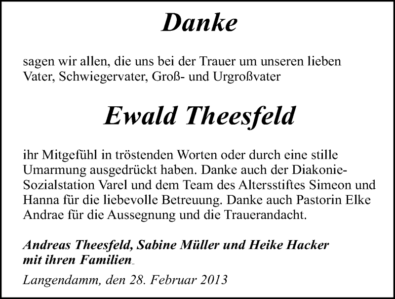Traueranzeigen Von Ewald Theesfeld Nordwest Trauer De