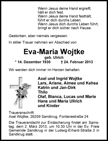 Traueranzeige von Eva-Maria Wojtke von Nordwest-Zeitung