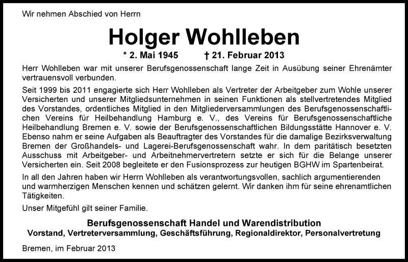  Traueranzeige für Holger Wohlleben vom 27.02.2013 aus Nordwest-Zeitung