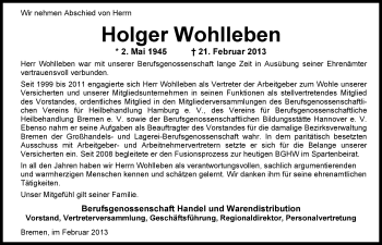 Traueranzeige von Holger Wohlleben von Nordwest-Zeitung