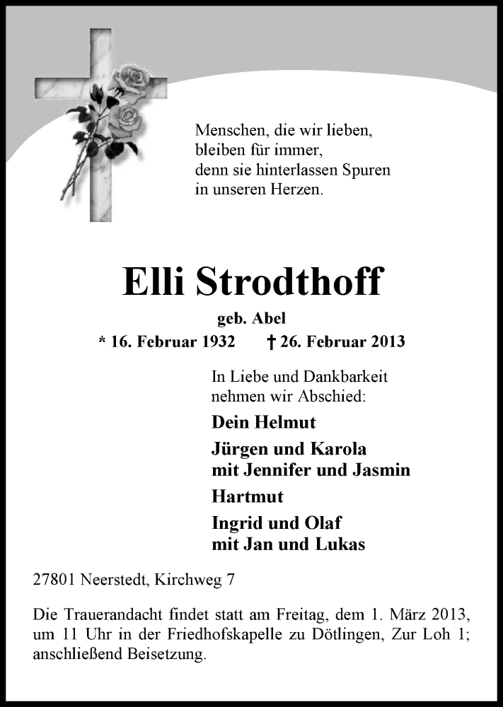  Traueranzeige für Elli Strodthoff vom 27.02.2013 aus Nordwest-Zeitung