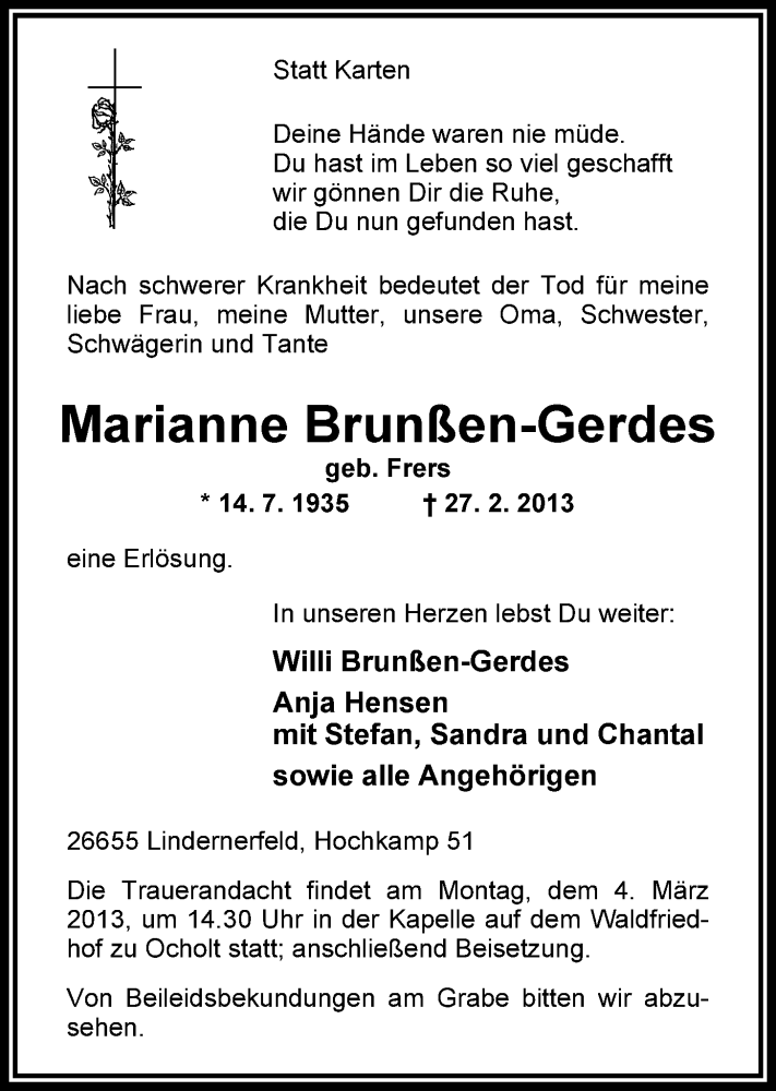  Traueranzeige für Marianne Brunßen-Gerdes vom 01.03.2013 aus Nordwest-Zeitung