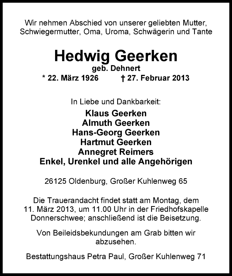  Traueranzeige für Hedwig Geerken vom 06.03.2013 aus Nordwest-Zeitung