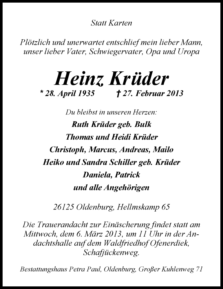  Traueranzeige für Heinz Krüder vom 02.03.2013 aus Nordwest-Zeitung