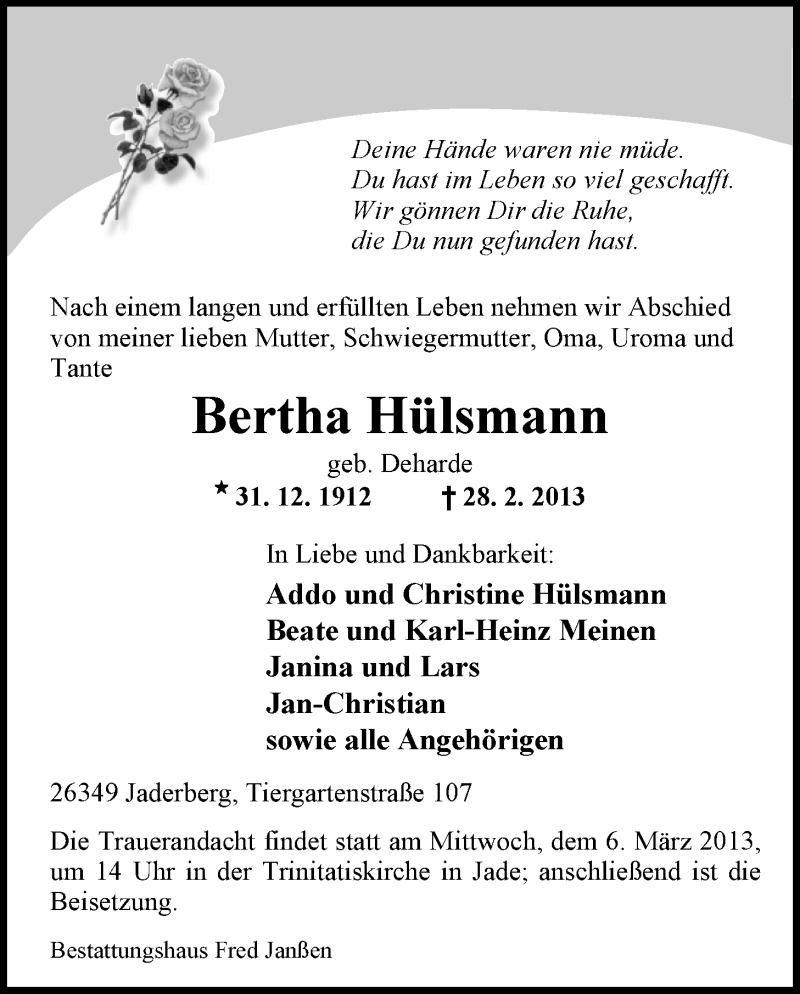  Traueranzeige für Bertha Hülsmann vom 02.03.2013 aus Nordwest-Zeitung