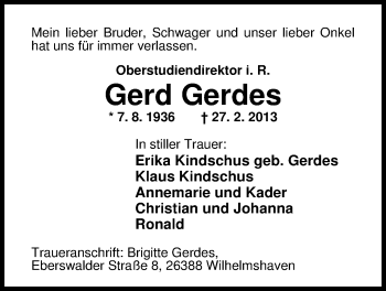 Traueranzeige von Gerd Gerdes von Nordwest-Zeitung
