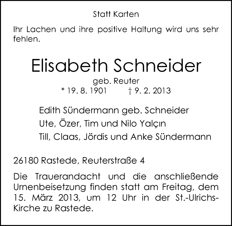  Traueranzeige für Elisabeth Schneider vom 09.03.2013 aus Nordwest-Zeitung