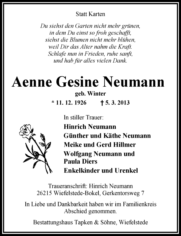 Traueranzeigen von Aenne Gesine Neumann | nordwest-trauer.de