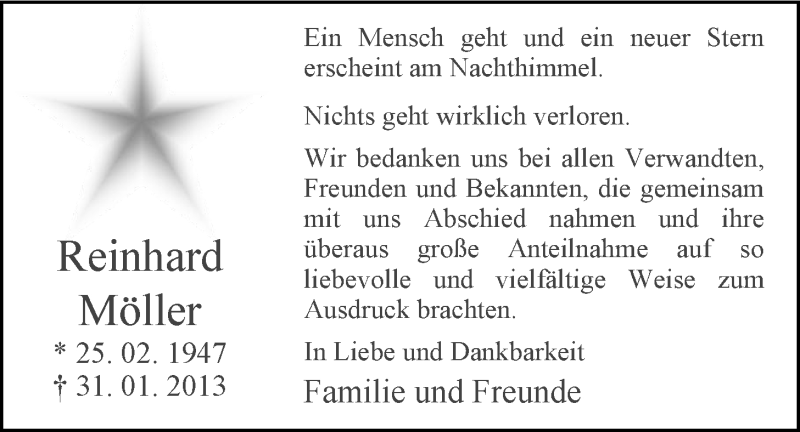  Traueranzeige für Reinhard Möller vom 14.03.2013 aus Nordwest-Zeitung