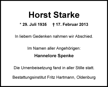 Traueranzeige von Horst Starke von Nordwest-Zeitung