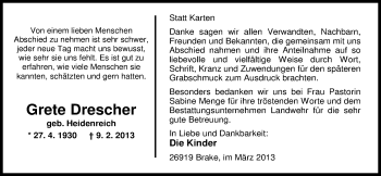 Traueranzeige von Grete Drescher von Nordwest-Zeitung