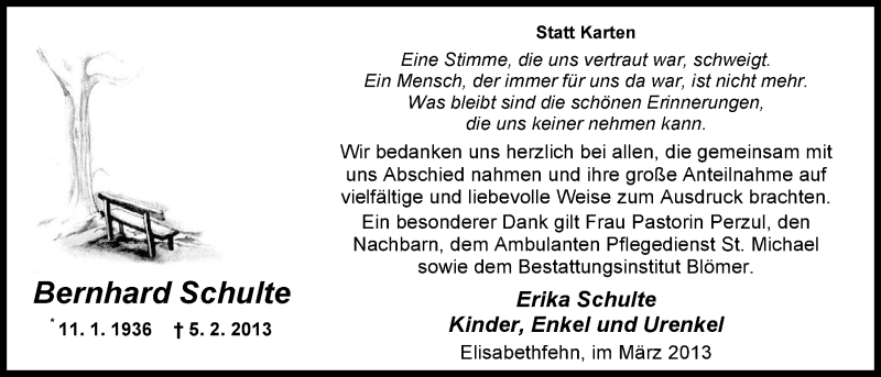  Traueranzeige für Bernhard Schulte vom 16.03.2013 aus Nordwest-Zeitung