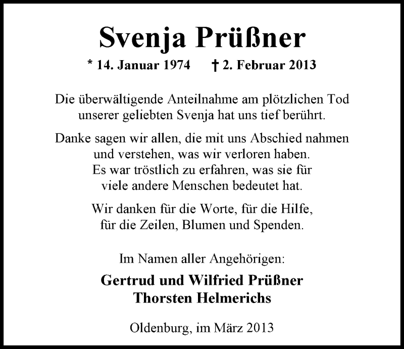  Traueranzeige für Svenja Prüßner vom 16.03.2013 aus Nordwest-Zeitung