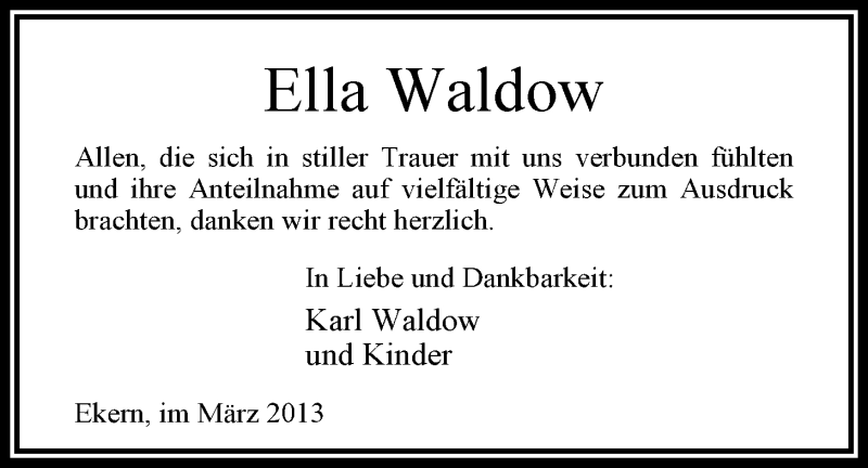  Traueranzeige für Ella Waldow vom 16.03.2013 aus Nordwest-Zeitung