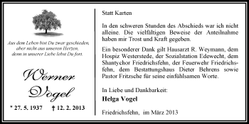 Traueranzeige von Werner Vogel von Nordwest-Zeitung