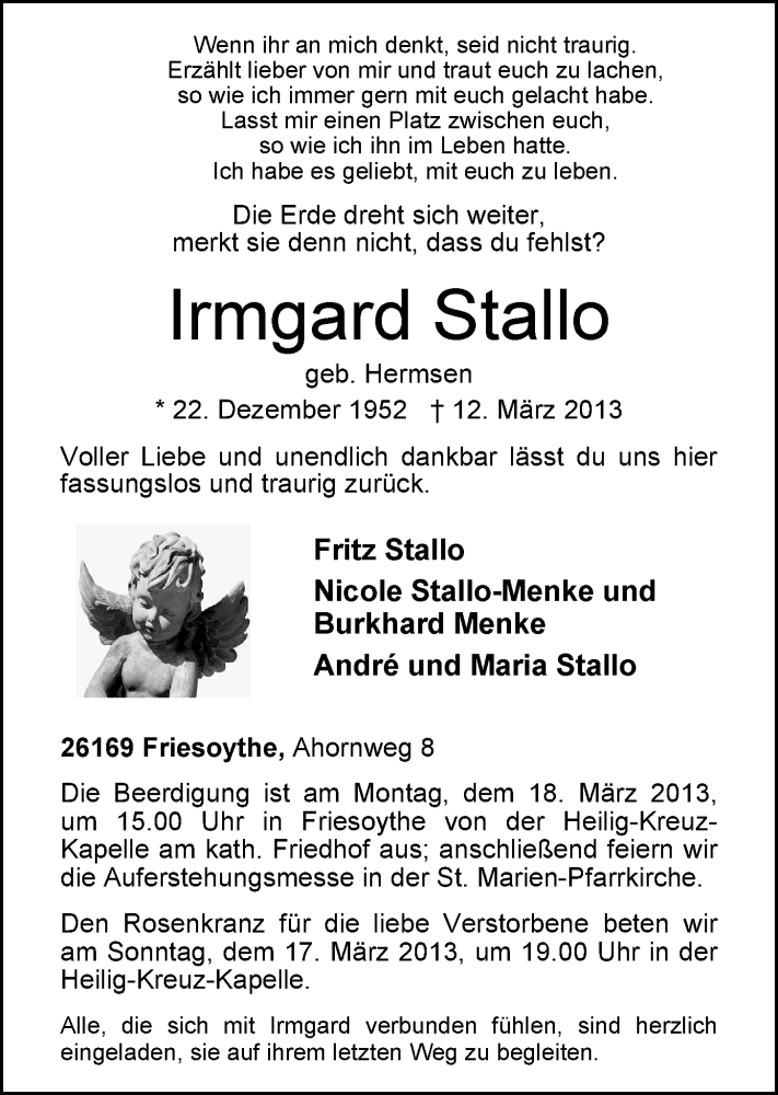  Traueranzeige für Irmgard Stallo vom 15.03.2013 aus Nordwest-Zeitung