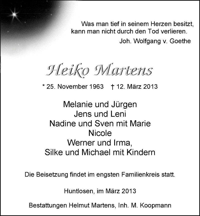  Traueranzeige für Heiko Martens vom 16.03.2013 aus Nordwest-Zeitung