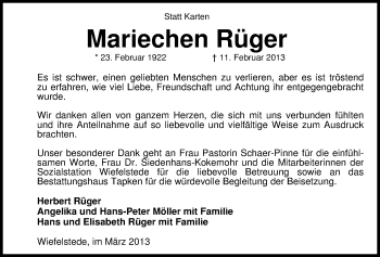 Traueranzeige von Mariechen Rüger von Nordwest-Zeitung