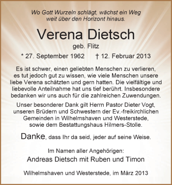 Traueranzeige von Verena Dietsch von Nordwest-Zeitung