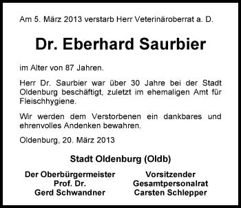 Traueranzeige von Eberhard Saurbier von Nordwest-Zeitung