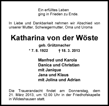 Traueranzeige von Katharina von der Wöste von Nordwest-Zeitung