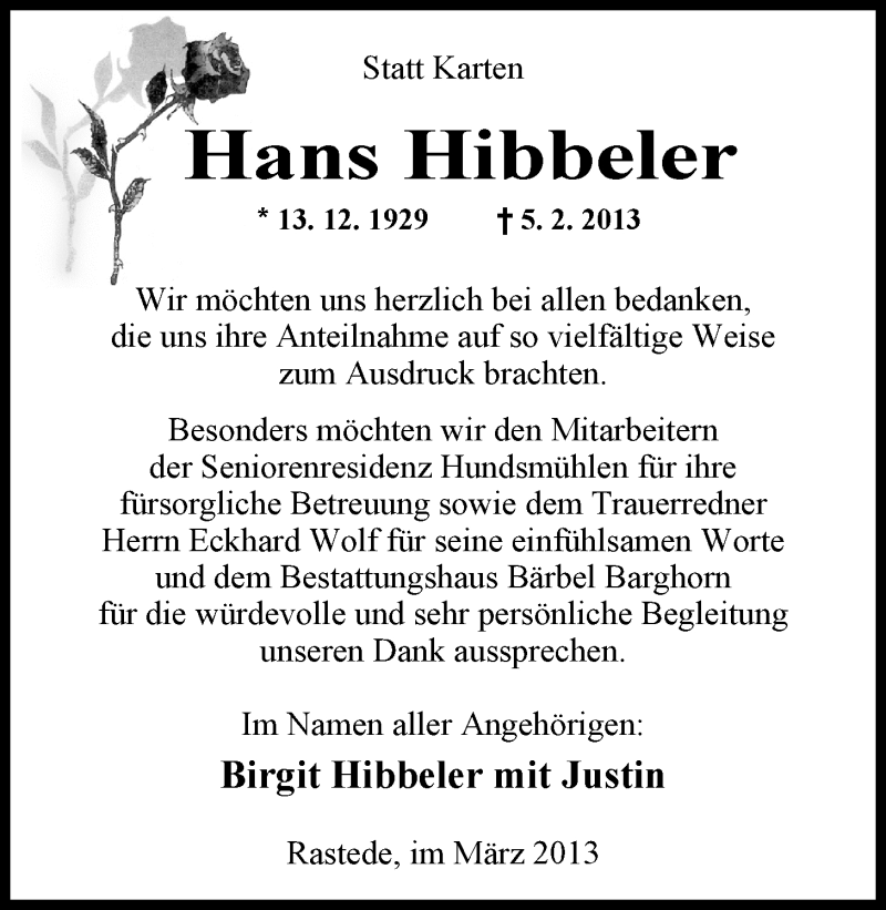  Traueranzeige für Hans Hibbeler vom 23.03.2013 aus Nordwest-Zeitung