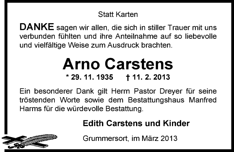  Traueranzeige für Arno Carstens vom 23.03.2013 aus Nordwest-Zeitung