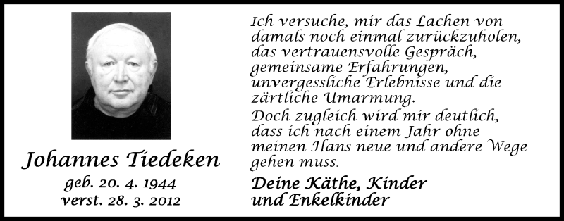  Traueranzeige für Johannes Tiedeken vom 28.03.2013 aus Nordwest-Zeitung