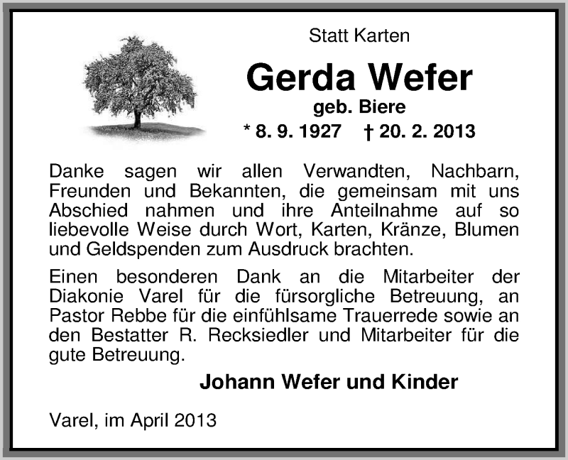  Traueranzeige für Gerda Wefer vom 06.04.2013 aus Nordwest-Zeitung