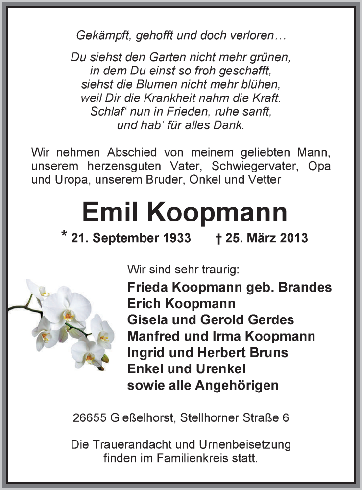  Traueranzeige für Emil Koopmann vom 27.03.2013 aus Nordwest-Zeitung