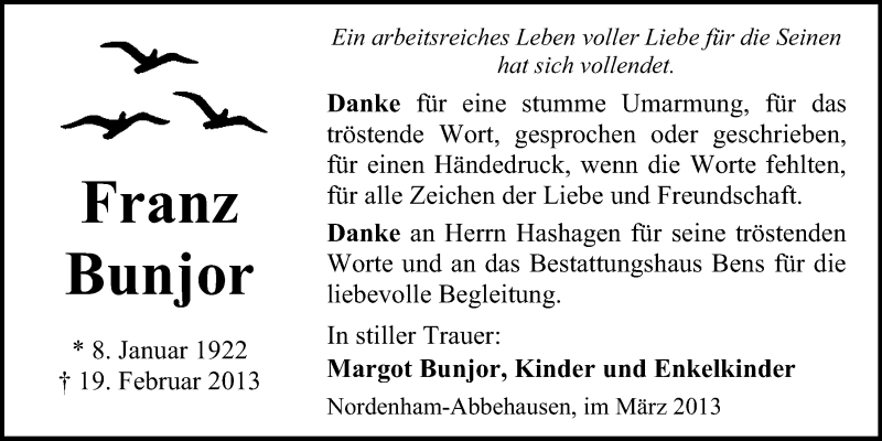  Traueranzeige für Franz Bunjor vom 30.03.2013 aus Nordwest-Zeitung