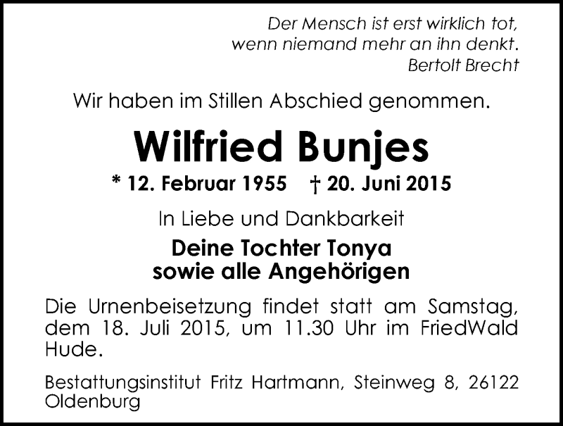  Traueranzeige für Wilfried Bunjes vom 01.07.2015 aus Nordwest-Zeitung