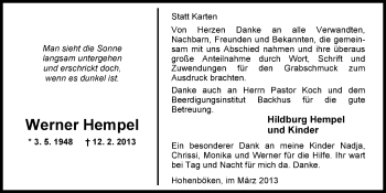 Traueranzeige von Werner Hempel von Nordwest-Zeitung