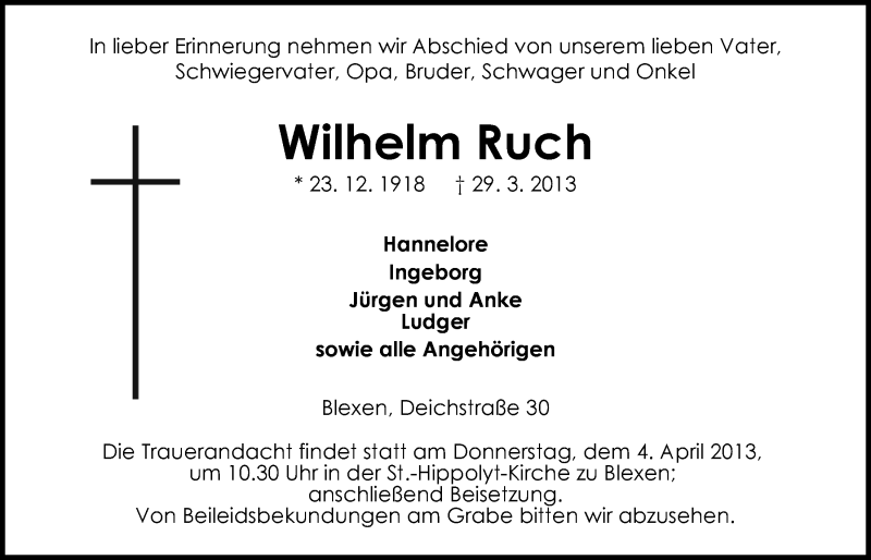  Traueranzeige für Wilhelm Ruch vom 02.04.2013 aus Nordwest-Zeitung