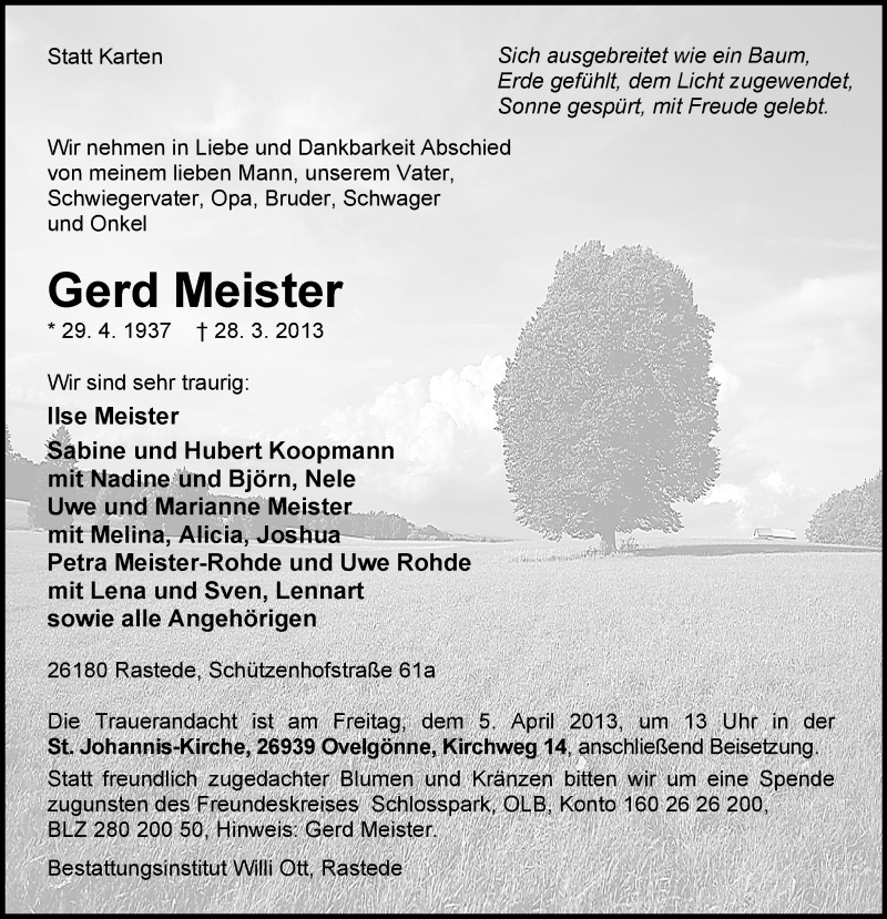  Traueranzeige für Gerd Meister vom 03.04.2013 aus Nordwest-Zeitung