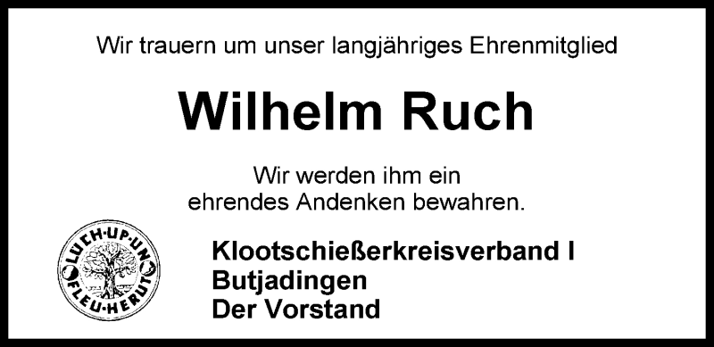  Traueranzeige für Wilhelm Ruch vom 03.04.2013 aus Nordwest-Zeitung