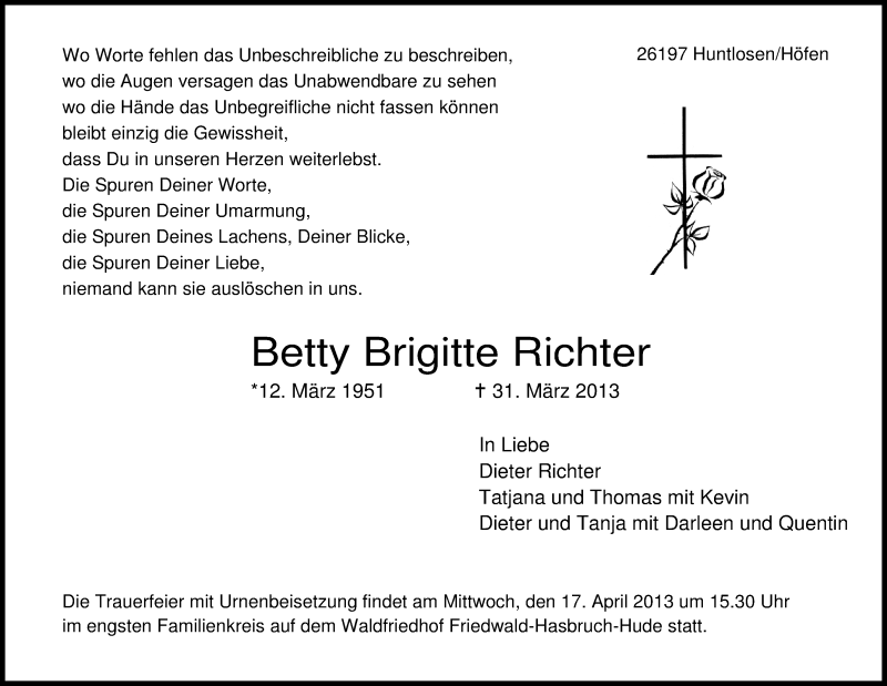  Traueranzeige für Betty Richter vom 03.04.2013 aus Nordwest-Zeitung