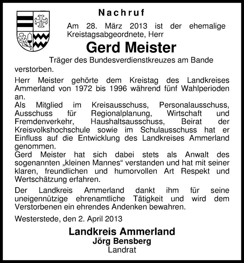  Traueranzeige für Gerd Meister vom 03.04.2013 aus Nordwest-Zeitung