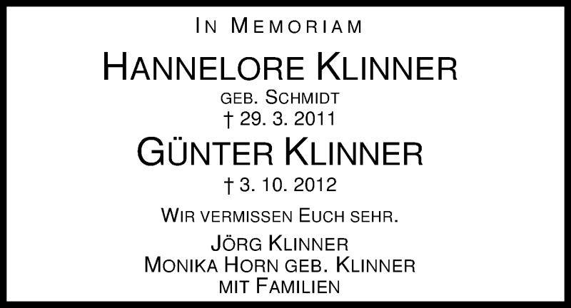  Traueranzeige für Hannelore und Günter Klinner vom 06.04.2013 aus Nordwest-Zeitung