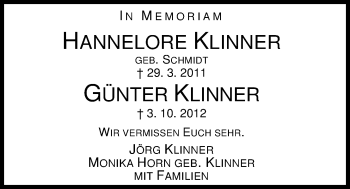 Traueranzeige von Hannelore und Günter Klinner von Nordwest-Zeitung