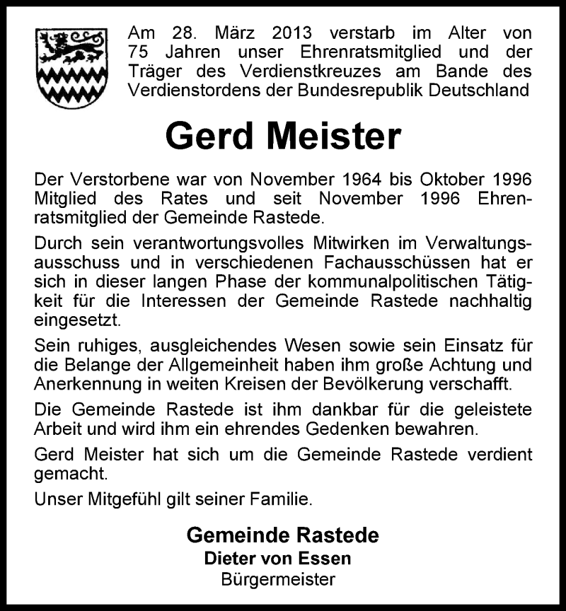  Traueranzeige für Gerd Meister vom 03.04.2013 aus Nordwest-Zeitung